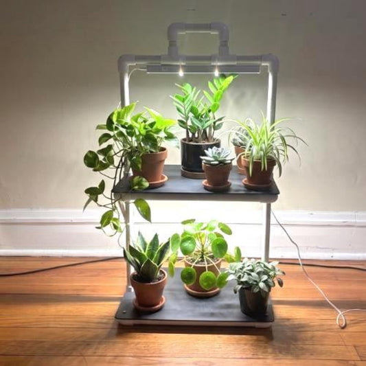 Double Decker PVC Plant Stand with LED Grow Lights - Indoor Seed Starting Shelf