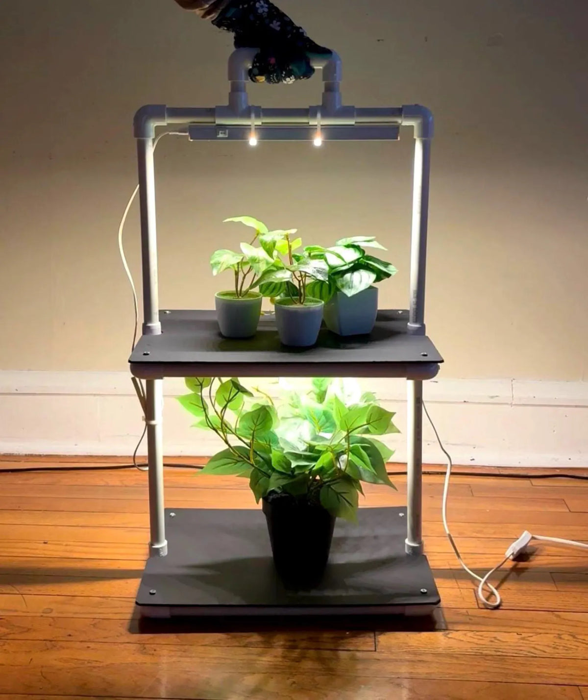 Double Decker PVC Plant Stand with LED Grow Lights - Indoor Seed Starting Shelf