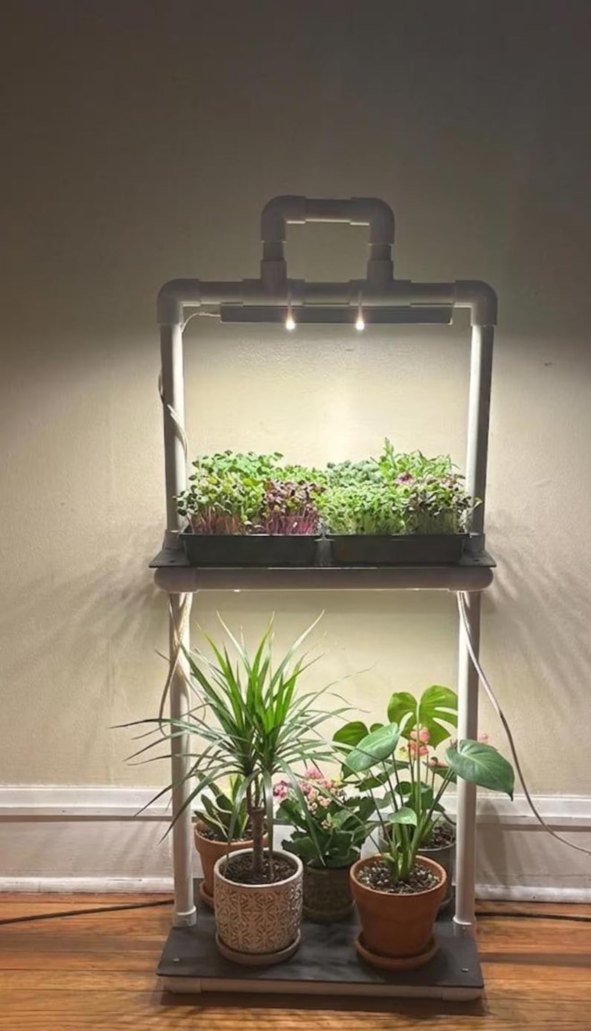Handmade PVC Plant Stand with Dual LED Grow Lights - 2 Tier Vertical Garden Shelf