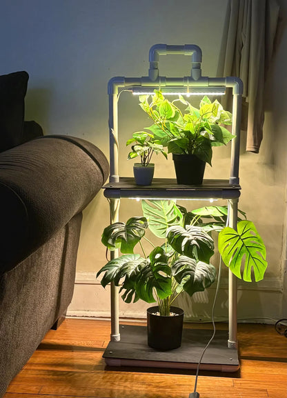 Handmade PVC Plant Stand with Dual LED Grow Lights - 2 Tier Vertical Garden Shelf