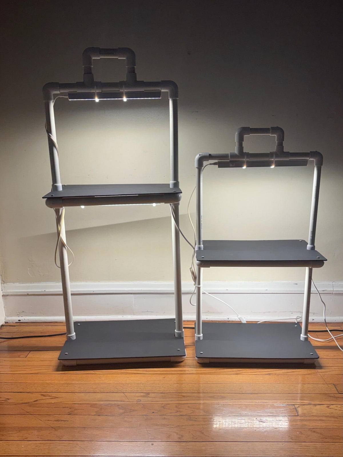 Handmade PVC Plant Stand with Dual LED Grow Lights - 2 Tier Vertical Garden Shelf