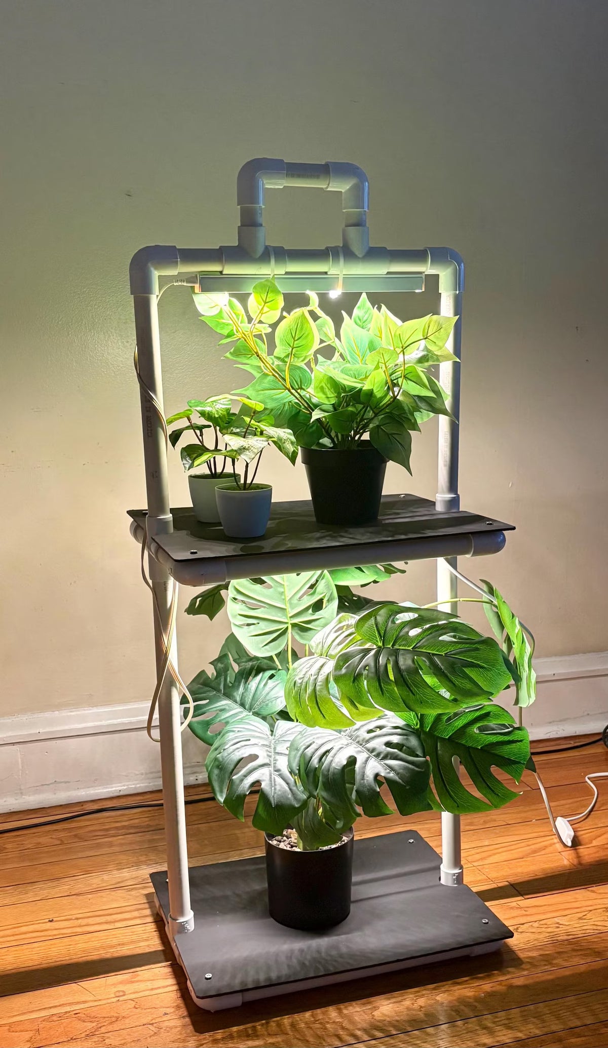 Handmade PVC Plant Stand with Dual LED Grow Lights - 2 Tier Vertical Garden Shelf